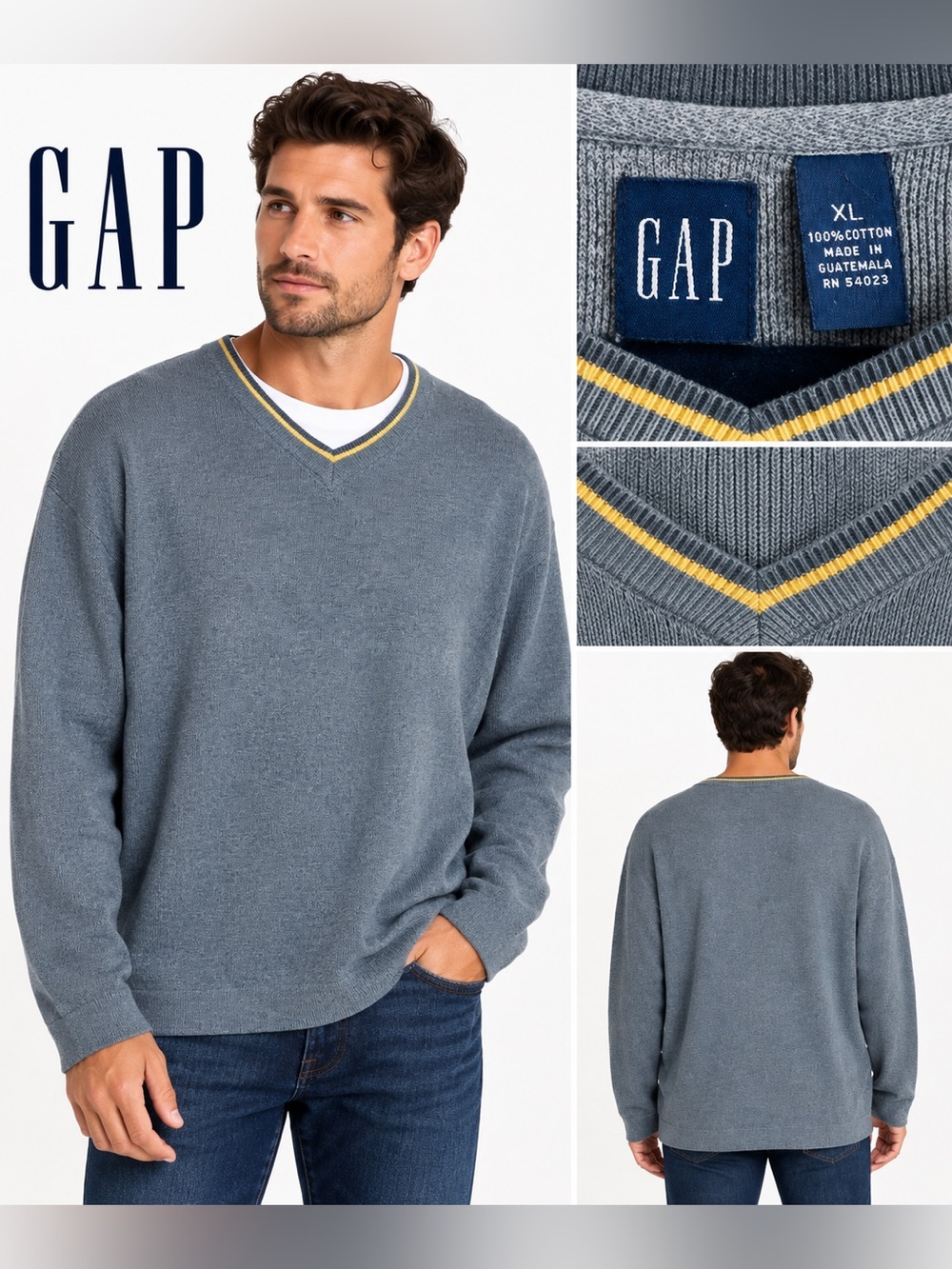 GAP Men's V-Neck Sweater in Slate Blue with Yellow Trim